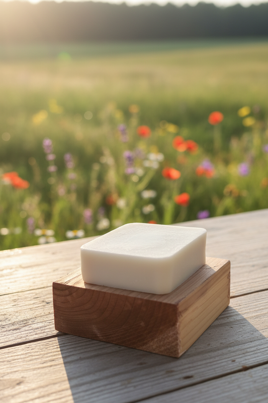 Anti-Inflammatory Soap bar on a wooden dish with a natural farm background
